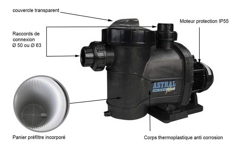 fiche technique de la pompe de filtration de piscine Glass Plus by Astral